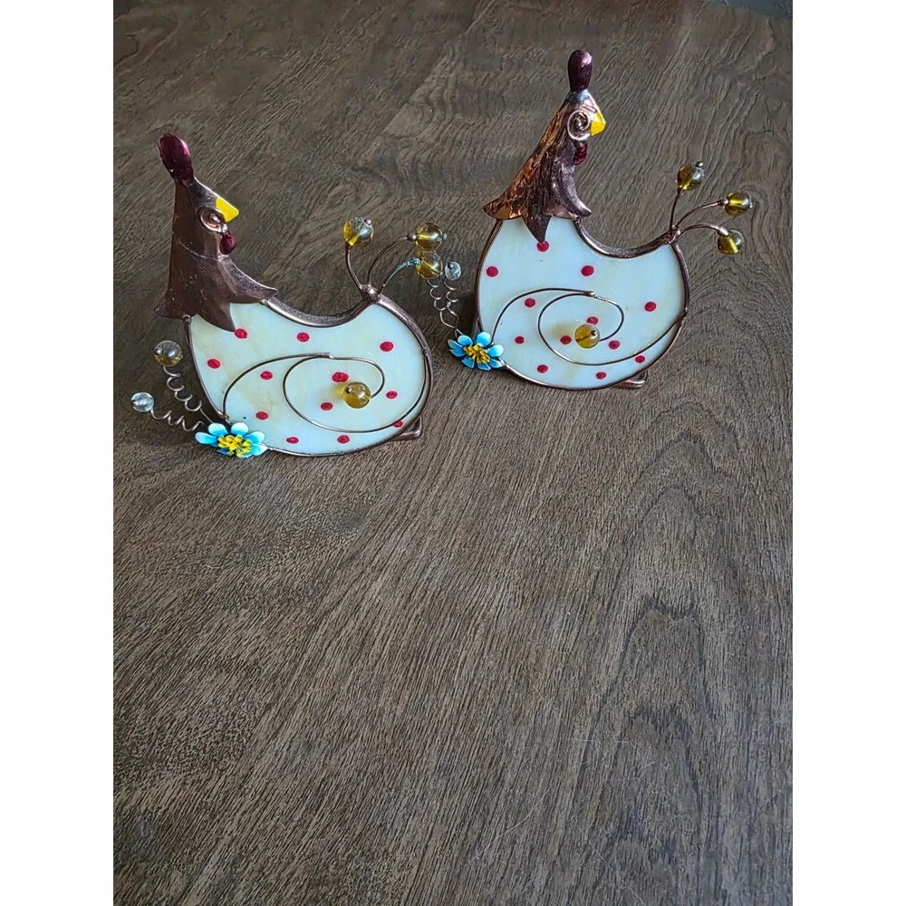 Vintage Stained Glass Chicken Tea Light Candle Holders Set of 2 Farmhouse Decor